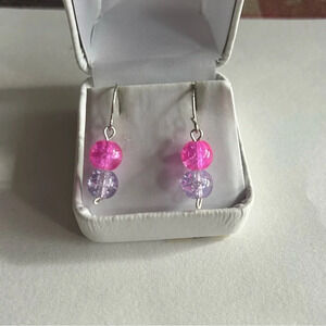 3/$20 Purple and Pink Dual Crystal Beaded Silver Plated Dangling Drop Earrings